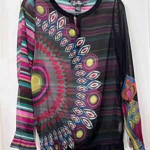 Desigual Black Sheer Blouse with Pink, Green and Yellow Geometric Motifs